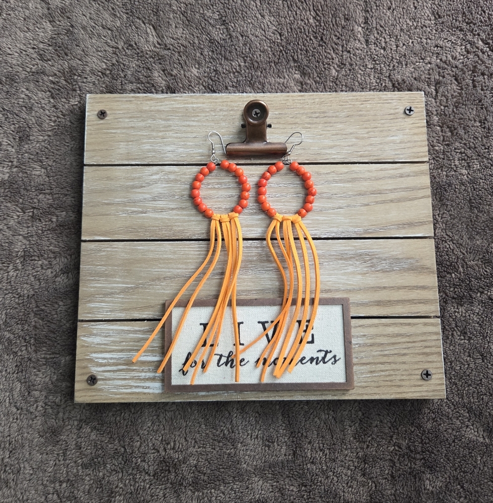 Orange Beaded Fringe Earrings Western Boho Rodeo Festival Coachella Cowgirl